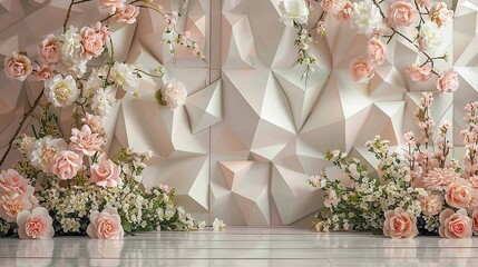Soft peach and white floral blooms gracefully adorn an abstract geometric backdrop, creating an exquisite fusion of natural beauty and modern design. - obrazy, fototapety, plakaty