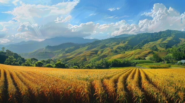 Bathed in the summer sun against the picturesque backdrop of the mountainous countryside a vast expanse of maize corn fields sprawled elegantly painting a scene of rustic beauty