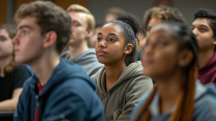 Obraz premium the confines of a bustling college classroom, a diverse group of students gathers for an enriching lecture on an academic subject. The room is filled with the hum of conversation as students 