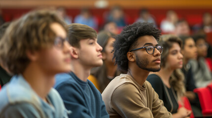 Obraz premium a college classroom, a diverse group of students gathers for an engaging lecture on an academic subject. The room is alive with the sound of voices