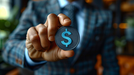 A businessman in a blue suit holds a coin with a dollar symbol in his hands. Confidence in the future. Investing in national American currency
