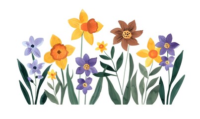orange and purple blossoms and yellow daffodils with green leaves on a white background, Generative AI - obrazy, fototapety, plakaty
