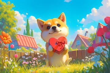 Cute cartoon dog with Valentine's gift