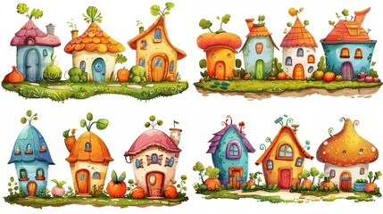 cute fairytale vegetable house in garden, collection set isolated on white background, Generative Ai