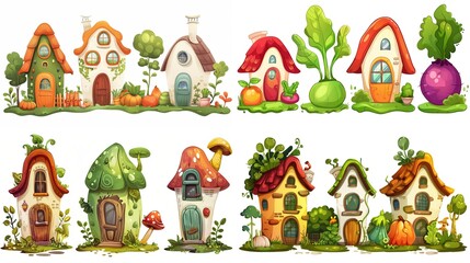 cute fairytale vegetable house in garden, collection set isolated on white background, Generative Ai