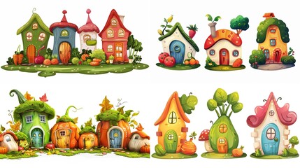 cute fairytale vegetable house in garden, collection set isolated on white background, Generative Ai