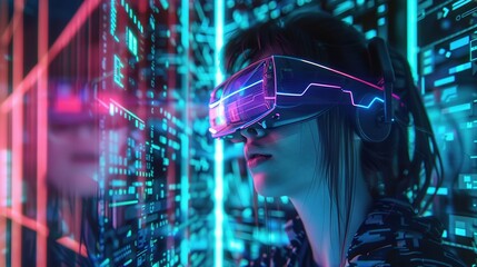 Augmented reality. Woman in futuristic neon metaverse game, girl exploring AR cyberspace