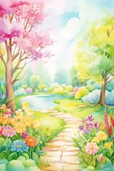 spring garden watercolor, lush spring garden watercolor
