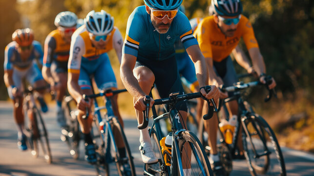 A group of cyclists clad in vibrant racing attire speeds along a coastal road, the salty breeze tousling their hair as they ride. The ocean stretches out to the horizon on one side