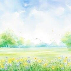 spring meadow watercolor, peaceful spring meadow watercolor