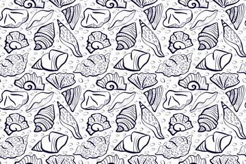 Pattern with Linear drawing of seashells. Texture with ovals and stripes. Dark blue colour. For textile, fabric, wrapping