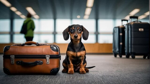 Cute dog, suitcase at the airport