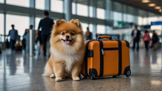 Cute dog, suitcase at the airport