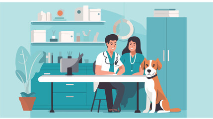 Dog and pet owner at veterinarian doctor office. Ca