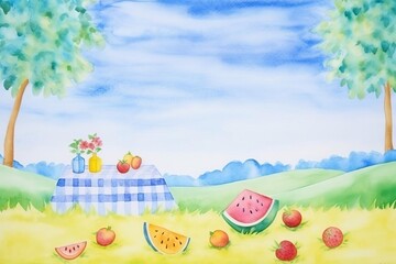 Fototapeta premium summer picnic watercolor, cheerful summer picnic watercolor
