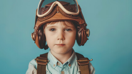 Little boy playing pilot, vintage aviator, Portait of a kid on solid background