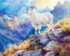 Vibrant and serene mountain goat, hand drawn watercolor in bright pastel colors, sunlit mountain backdrop - obrazy, fototapety, plakaty