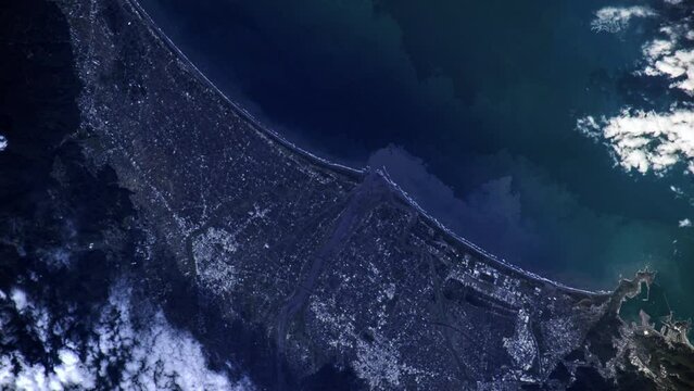 Sunrise animation aerial view of Taiwan island Yilan county coastline, animation based on Nasa images