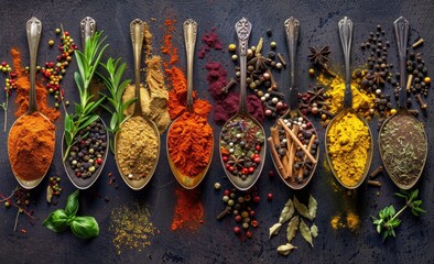 Various spices in the spoons showcase plantbased flavors
