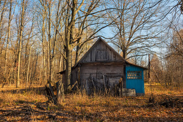 old crumbling wooden house with a veranda in the middle of the forest.