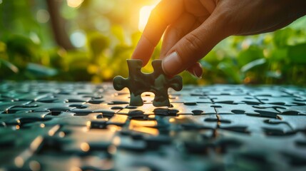 Hand with puzzle piece.Final Piece to Success: Hand Placing the Last Jigsaw Puzzle Piece in a Sunlit Natural Setting.