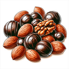 An illustration for world chocolate day, Chocolate-Covered Nuts, rendered in watercolor style.