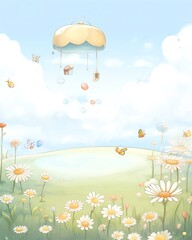 Obraz premium A top-down view of endearing cartoon creatures such as bunnies gleefully gathering honey from quaint beehives scattered across a sun-soaked me