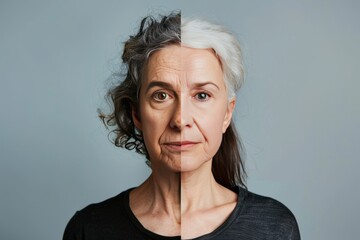 Old woman's journey in aging management incorporates age management strategies and split portrait innovations, enriching aging process discussions.