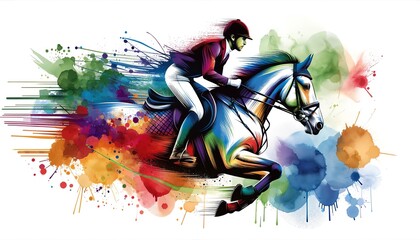 Abstract watercolor painting of an Equestrian Athlete