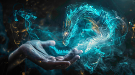  Mystical blue dragon of smoke and fog with human hand. symbol of the new year. Mystical dragon closeup view.