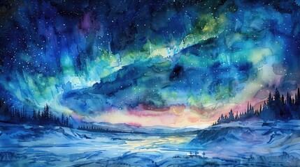 A beautiful watercolor painting of the aurora borealis over a frozen lake.