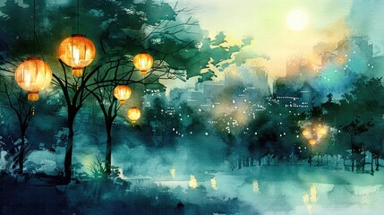 A beautiful watercolor painting of a park with a pond, trees, and lanterns.