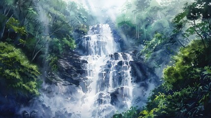 A beautiful watercolor painting of a waterfall in the middle of a forest.