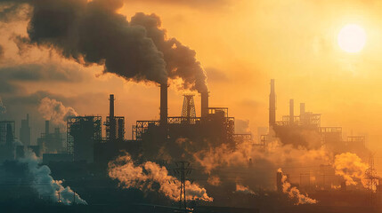 Sunset shades illuminate the factory smoke. AI.