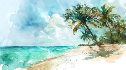 A watercolor painting of a beach with palm trees.