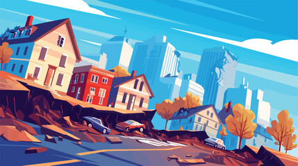Earthquake city panorama vector illustration. Damag