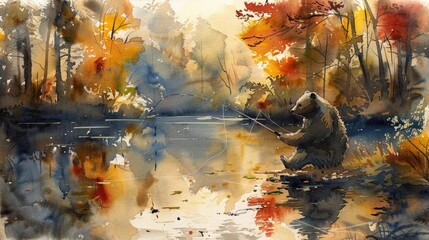 A watercolor painting of a bear fishing in a river in the fall.