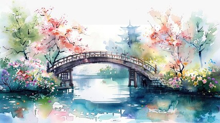 A watercolor painting of a bridge over a river in a Japanese garden