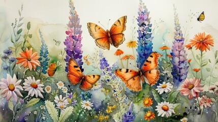 A watercolor painting of a field of flowers with butterflies.