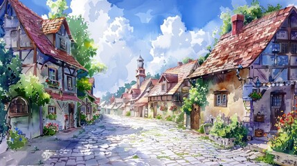 A watercolor painting of a quaint European village street with stone cottages and shops, surrounded by trees and flowers under a blue sky with white clouds. - obrazy, fototapety, plakaty