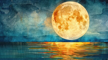 watercolor painting of a full moon rising over the ocean