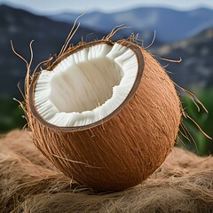 Isolated split open cracked coconut with a shallow depth of field