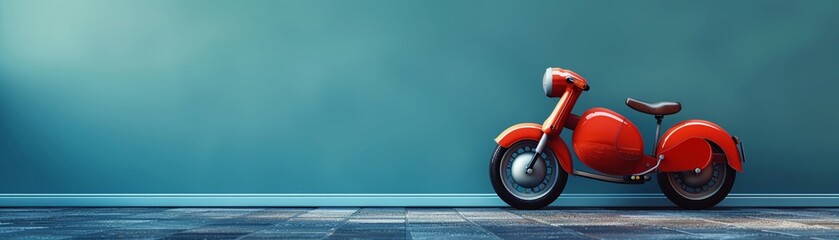 A red minimal motorcycle on Turquoise color background, free space for text