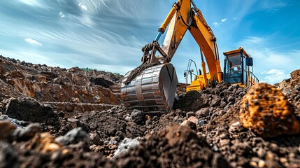 Detailed view of earthmoving equipment in action, digging and moving soil in a mining site, emphasizing the power and efficiency of modern extraction techniques - obrazy, fototapety, plakaty