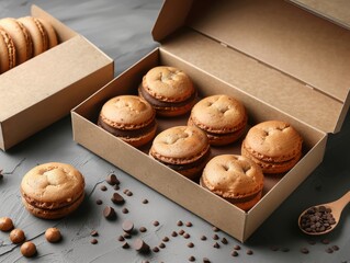 A shipping box filled with delicious cookies and chocolate chips, a perfect finger food treat made with sweet ingredients, ideal for satisfying your sweet tooth cravings