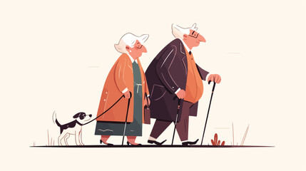 Elderly couple with canes and pet dog on leash. Pai