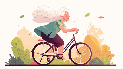 Elderly female character riding bicycle in sportswe