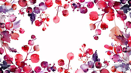 Colorful watercolor berry and leaf border design.