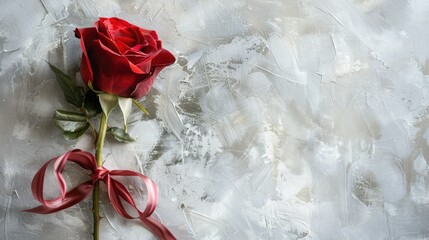 Celebrate Valentine s Day with a stunning red rose adorned with a delicate ribbon set against a backdrop of white and grey in a beautiful top down view perfect for creating mockups
