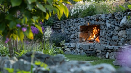 A fireplace built into the garden wall provides both warmth and ambiance making it a favorite spot for quiet contemplation. 2d flat cartoon.